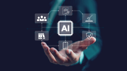 Obraz premium Artificial intelligence platform connecting legal compliance, governance, document management, security, audit and business workflow automation, AI-powered legal technology and digital transformation.
