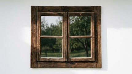 Fototapeta premium Rustic wooden window looking out to green trees with architecture