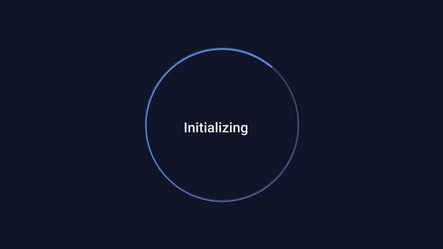 Animated flat vector motion graphic featuring a circular initialization progress indicator with status text on a dark background. Ideal for system startup, loading screens, dashboards, and user interf