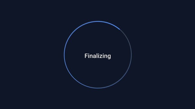 Animated flat vector motion graphic featuring a circular finalization progress indicator with status text on a dark background. Ideal for task completion, system processes, dashboards, and user interf