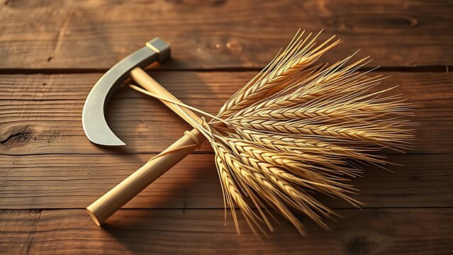 Sheaf of ripe wheat with a sickle on a rough wooden table.