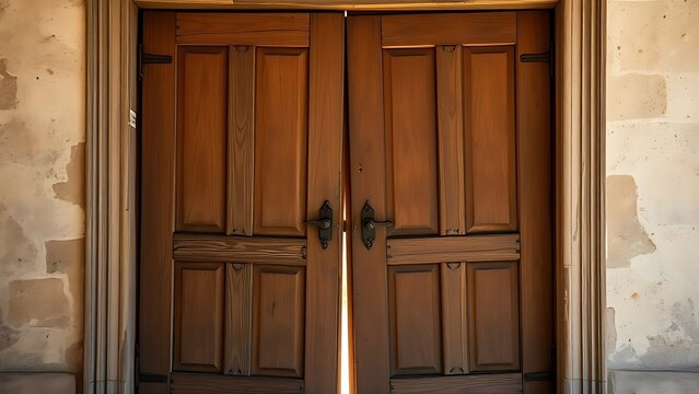 Ancient wooden double doors slightly ajar, revealing a sliver of light.