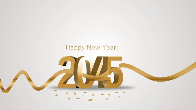 3D gold text Happy New Year 2045 with elegant ribbon and confetti on a clean light background, perfect for festive holiday greeting cards, social media posts, and celebration invitations.