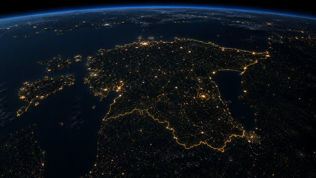 Stylized nighttime orbital view of Estonia and the Baltic region with glowing cities, western islands, Lake Peipus and the Gulf of Finland beneath Earth&rsquo;s horizon