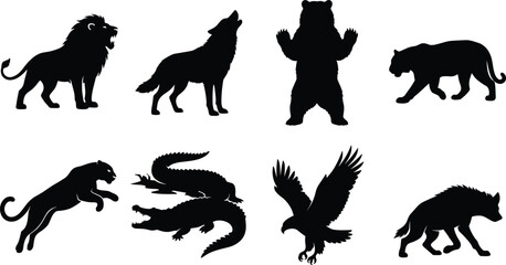Obraz premium Wild Animal Silhouettes Set Including Roaring Lion, Howling Wolf, Standing Bear, Tiger, Panther, Crocodile, Eagle, and Hyena