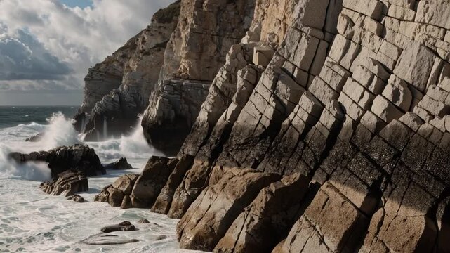 Ocean waves crashing against rocky cliffs. Powerful sea surf hitting coastal stone rocks.