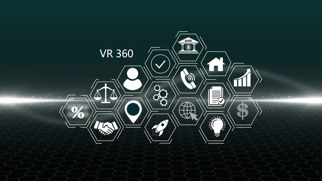 Digital interface featuring a vr 360 label surrounded by a cluster of white hexagonal business on a dark background, with a glowing, horizontal light streak, and a subtle, honeycomb floor pattern