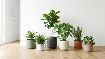 Fototapeta premium Assorted Potted Houseplants on Wooden Floor in Bright, Modern Interior