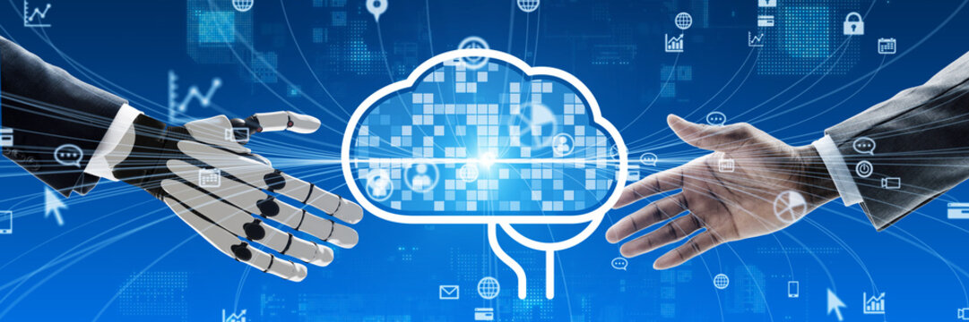 Image of a robot and AI shaking hands with a person. Business, artificial intelligence, cooperation, coexistence, intellect, DX, dialogue, technology.