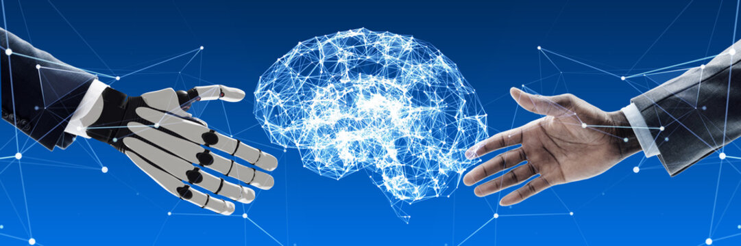 人と握手するロボットとAIイメージ。ビジネス、人工知能、協力、共存、頭脳、DX、対話、テクノロジー