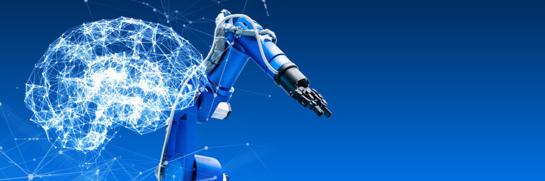 産業ロボットとAIネットワーク。工場、製造業、DX、フィジカルAI、FA、スマートファクトリー、通信