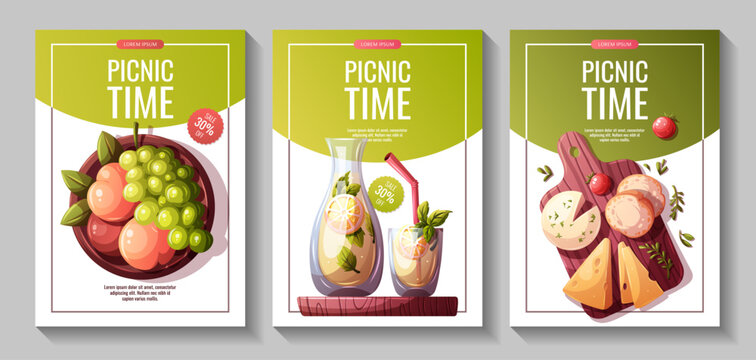 Set of flyers with fresh lemonade, fruits, cheeseboard. Picnic time, summer weekend, food and drink concept. Vector illustration for banner, poster, promo, sale, advertising.
