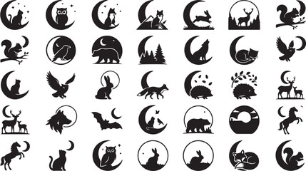 Fototapeta premium Collection of wild animal silhouettes with moon and night sky elements for creative graphic design projects