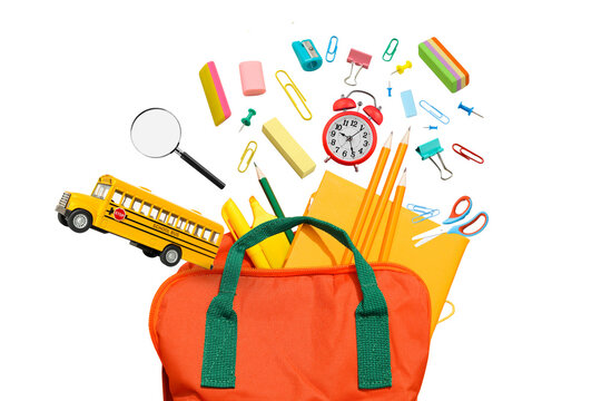 Colorful school supplies spill out of a backpack in vibrant display, PNG