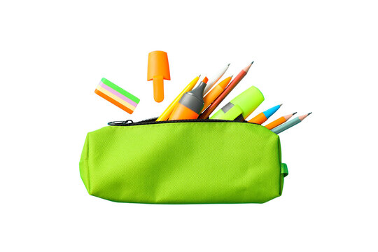 School supplies, Colorful pencil case is filled with stationery items for learning, PNG
