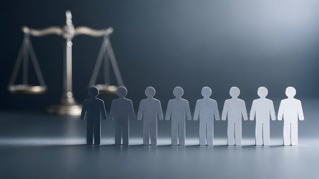 Diverse row of human figures in varying shades standing before scales of justice symbolizing racial equality and civil rights