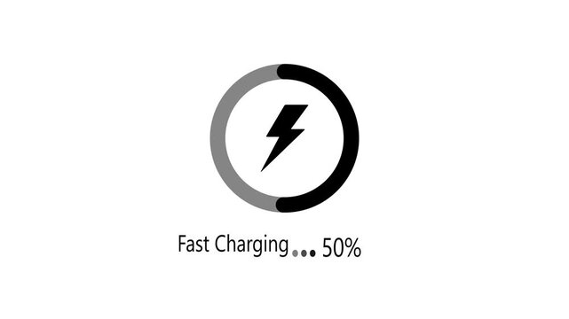 color battery charging power icon animation on black background.