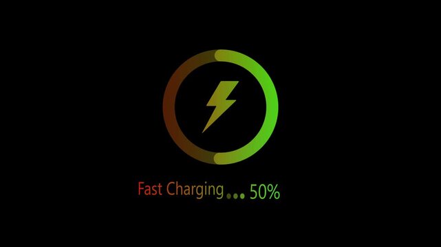 color battery charging power icon animation on black background.