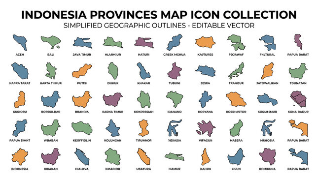 Colorful vector map icons of Indonesian provinces with simplified outline borders