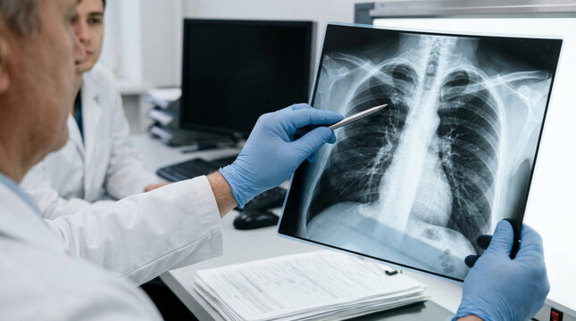 Doctor examines chest x-ray with colleague in medical office