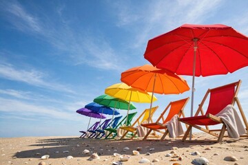 Obraz premium Rainbow Beach Umbrellas and Chairs