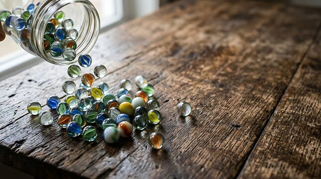 Colorful glass marbles spilling from a jar onto a rustic wooden table