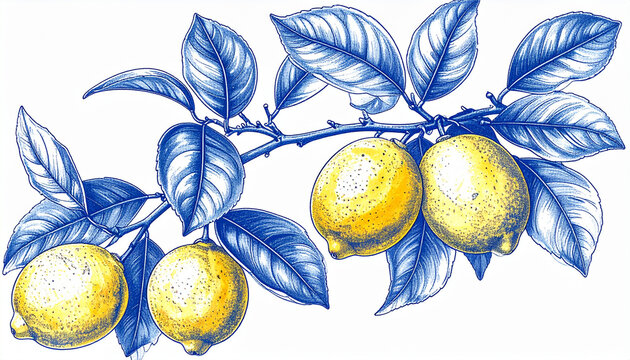 Lemon Branch with Leaves in Artistic Blue Style