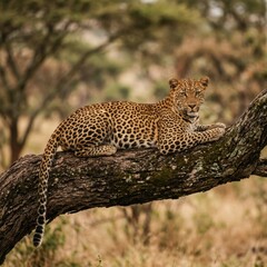 Naklejka premium Majestic African Leopard Resting on a Mossy Tree Branch in the Savanna Wilderness During Safari