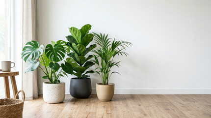 Fototapeta premium Interior Plants in Modern Pots Against White Wall