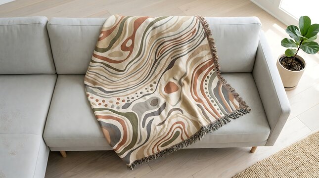 Woven abstract throw blanket draped on a modern grey sofa