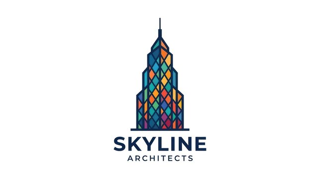 Skyline architects logo design with geometric colorful skyscraper icon on white surface.
