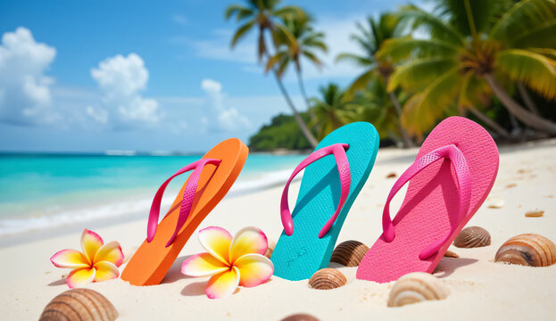 Vibrant summer sandals on the white sand shore next to the turquoise ocean
