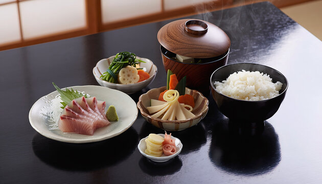 Traditional Japanese Set Meal with Sashimi and Rice Generative AI
