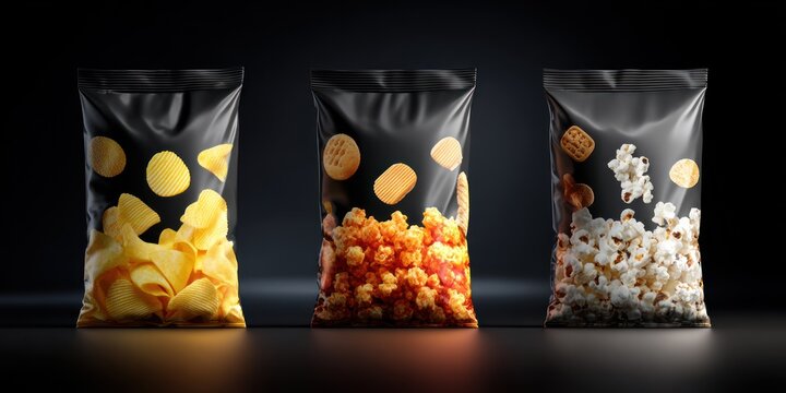 Three black snack bags with chips popcorn and crackers against a dark backdrop