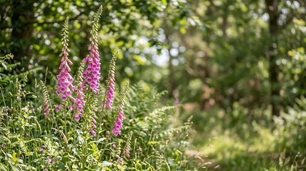 Obraz premium Purple foxglove flowers blooming on a sunny woodland edge