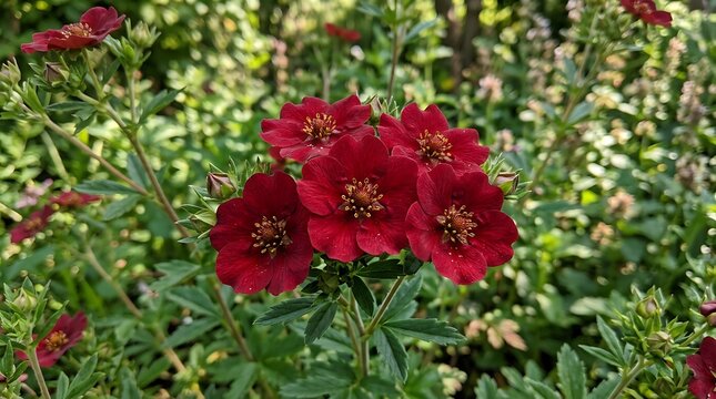 Vibrant red potentilla blossoms blooming in a lush summer garden