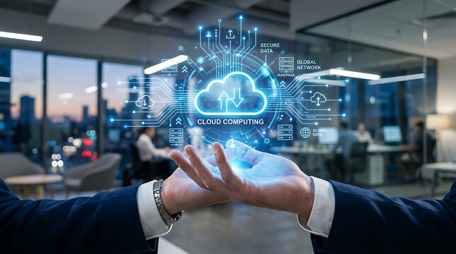Business person holding digital cloud computing hologram. Data storage and network technology.