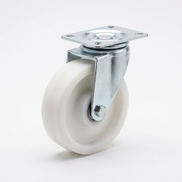 A single white caster wheel with a silver metal mounting plate and frame. 