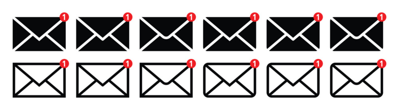 New unread email envelope notification icon set with one message counter badge set