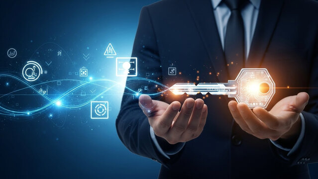 Business professional holding futuristic digital network with glowing AI technology icons in corporate innovation concept