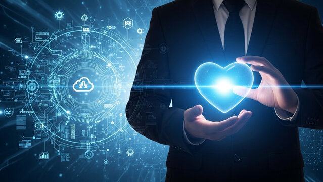 Business professional holding glowing blue digital heart symbolizing technology love and innovation in futuristic cyber space
