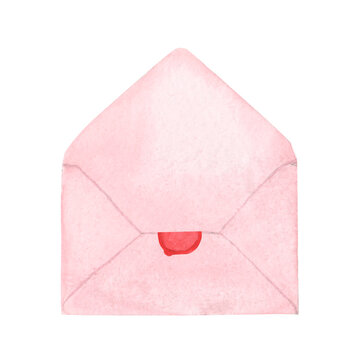 Watercolor isolated set of envelope with wax stamp, letters, sheet of paper and . Other elements for lettering and post. Clipart set isolated on a white background