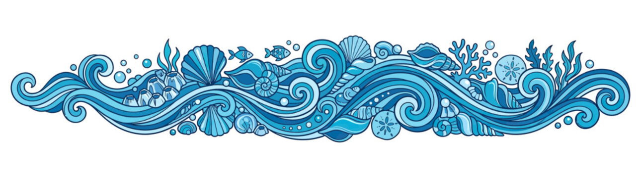 Decorative Ocean Wave Border with Sea Life and Coral