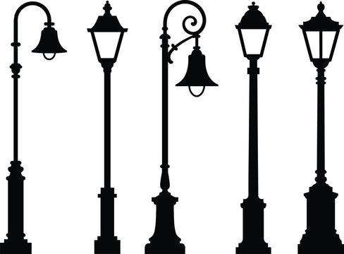 Five black silhouette of classic and ornate street lamps and lamp posts with different on a white background.