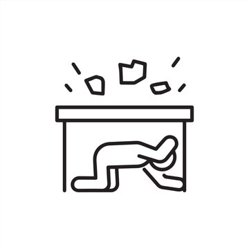 Person hides from a rockfall under a table, linear icon. Hiding from falling objects under stable furniture. Rule of behaviour in an earthquake. Line with editable stroke