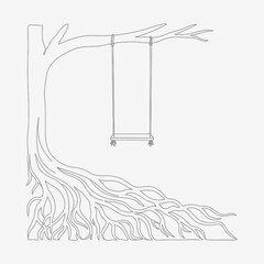 Obraz premium Minimalist Tree Swing Line Art Illustration, Tranquil Nature Scene