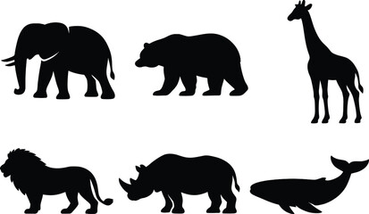 Collection of wild animal black silhouettes including elephant, bear, giraffe, lion, rhinoceros, and whale vector illustration © MDKhademul
