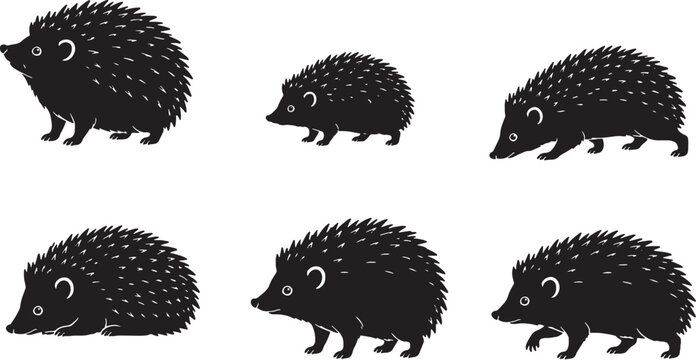 African Pygmy Hedgehog Silhouette Icon Set Black Vector Collection