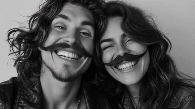 Funny couple wearing artificial mustaches and smiling together in a playful and humorous moment.