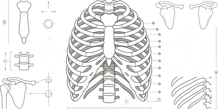 Human rib cage anatomy diagram and chest skeleton structure set with sternum clavicle shoulder bone medical line vector illustration
